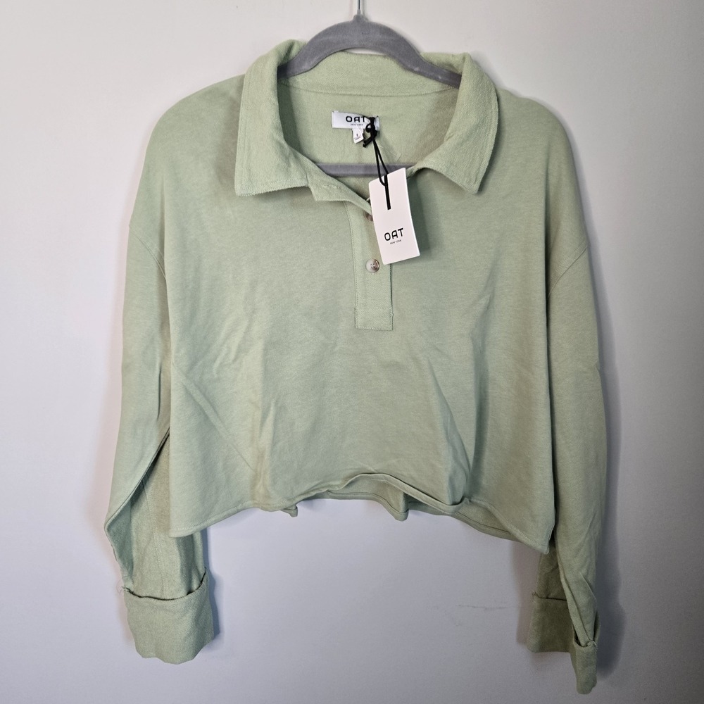NWT OAT Anthropologie Top Polo Sweatshirt Collar Fairy Boho Green Women's Size L - Picture 2 of 8
